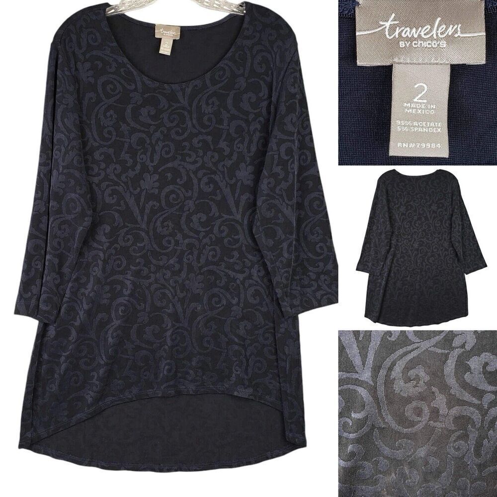 Chicos Travelers Tunic Top Slinky Knit Women’s Size Large or 2 Black Blue Scroll